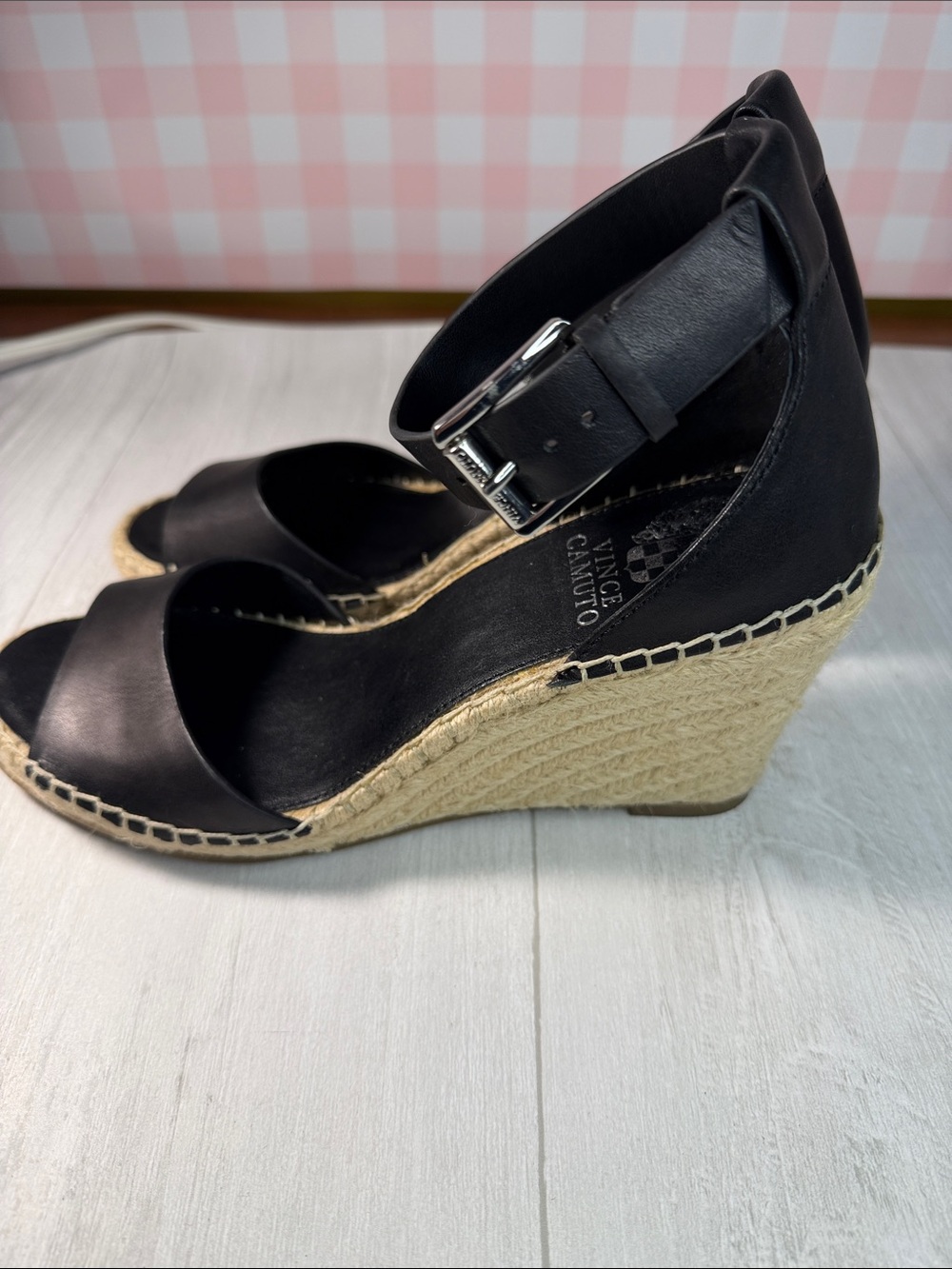 Vince Camuto Black Leather Espadrille Wedge Sandal with Ankle Strap - Picture 7 of 15